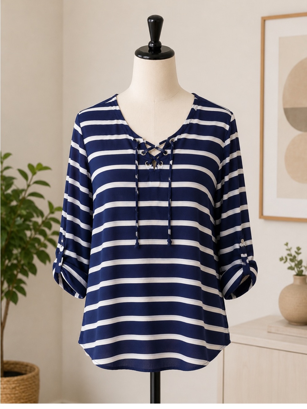 Nautical Women’s 3/4 Length Sleeve Tie Front Size XL Coastal Top - Picture 2 of 5